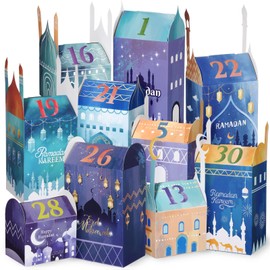 Tenare Pack of 30 Ramadan Calendars Children Eid Mubarak Gift Boxes for Filling with Number Stickers Ramadan Decoration with Number Stickers Colourful Houses with Stickers for Standing and Decorating