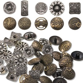 Metal Buttons 80 Pieces Antique Silver and Bronze Colour for Sewing DIY Crafts Sewing Decorations, Mixed Vintage Styles Flower Round Buttons