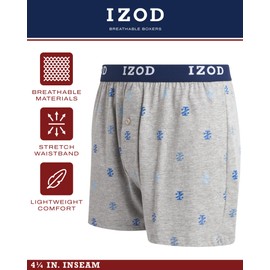IZOD Men's Boxer Shorts - 4 Pack Classic Knit Underwear Boxers with Functional Fly - Soft Breathable Boxers for Men (M-2XL), Size X-Large, Blue/Blue Print/Medieval Blue/Heather Grey Print