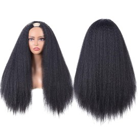 Kinky Straight V Part Wigs Human Hair for Black Women No Leave Out Glueless Upgrade U Part Wig Machine Made Clips in Ready to Go Yaki Straight V Part Wig（30in）