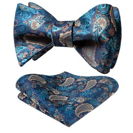 HISDERN Men's Paisley Floral Handkerchief Jacquard Wedding Party Self Bow Tie & Pocket Square Set, Aqua / Brown, One Size