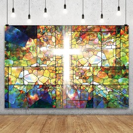 YongFoto European Church Stained Glass Backdrop 9x6ft Jesus Holy Lights Cross God Bless Lord Pray Photography Background Christian Religious Belief Baby Shower Easter Church Event Party Banner