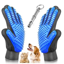 Pet Grooming Glove - Gentle Deshedding Brush Glove - Efficient Pet Hair Remover Mitt - Massage Tool Enhanced Five Finger Design - Perfect for Dogs & Cats with Long & Short Fur with Training Whistle