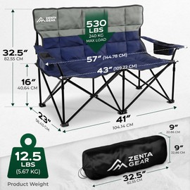 ZENTA GEAR Oversized Fully Padded Double Camping Chair, Portable Folding Loveseat w/Side & Back Pockets, Adjustable Armrests, Double-Sized Cup Holders for Outdoor, Indoor, Supports 530LBS, Dark Navy