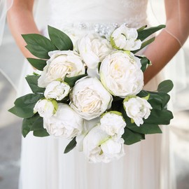 IPOPU Silk White Flowers Artificial Peonies 5PCS 10heads Vintage Fake Peonies Silk Peonies with Stems Real Look for Spring Decorations Floral Arrangements Home Table Centerpiece (White)