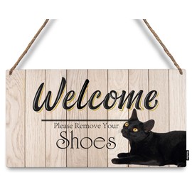 Mdulftar Cool Black Cat Welcome Wooden Hanging Sign Please Remove Your Shoes Door Sign Farmhouse Rustic Front Door Hanger Sign for Indoor Outdoor Home Porch Window Decor 12x6 Inch