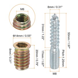 TOP-VIGOR 8Pcs M8x50mm Hanger Bolts, 31mm Wood Dowel Screw Self-Tapping Screw with M8x20mm Threaded Insert Nuts Interface Hex Socket Drive for Joint Furniture Legs
