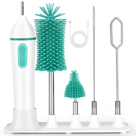 Gzummer Electric Bottle Brush Cleaner Set with Drying Rack, Rechargable Baby Bottle Brush with Silicone Nipple & Straw Brush and Milk Mixer, Waterproof Bottle Cleaning Kit Tool for Newmom