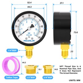 MEANLIN MEASURE 0-100Psi/0-7BAR Well Pump Pressure Gauge, 2" Dial Face, 1/4" BSP, Lower Mount