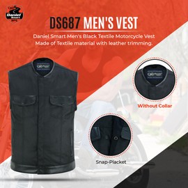 Daniel Smart Men’s Vest - Black Textile Material with Leather Trimming Motorcycle Men vest with Concealment Carry Pocket (4X-Large)