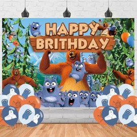OUDINI Grizzy Themed Birthday Banner, 5ft x 3ft Backdrop with 18 Pcs Party Balloons, Brown