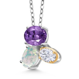 925 Silver and 10K Yellow Gold Purple Amethyst White Opal and White Moissanite Pendant Necklace For Women (2.65 Cttw, Oval 8X6MM, 7X5MM and 6X4MM, Gemstone February Birthstone, with 18 Inch Chain)