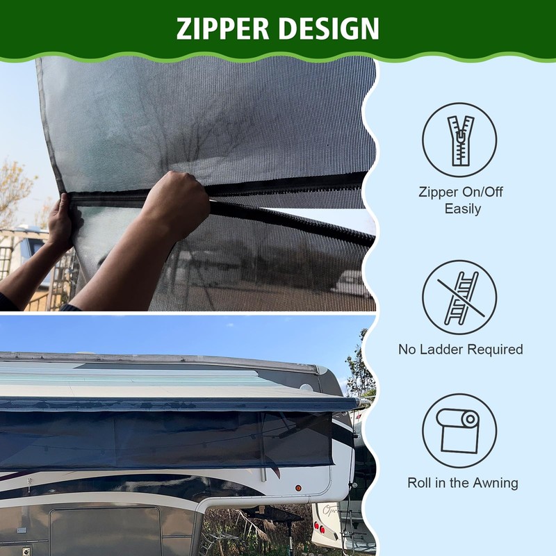 Dulepax RV Awning Shade Screen with Zipper 8'X15'3'' -Second Generation