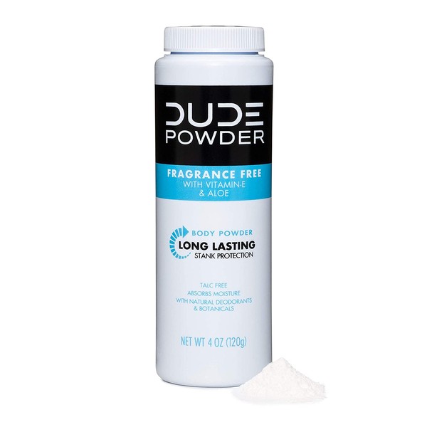 DUDE Body Powder, Fragrance Free 4 Ounce Bottle Natural Deodorizers With Chamomile & Aloe, Talc Free Formula, Corn-Starch Based Daily Post-Shower Deodorizing Powder for Men