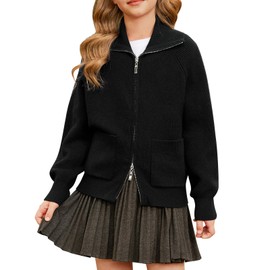 GRACE KARIN Girls' Knitted Long-Sleeved Cardigan with Zipper Lapel Collar Cardigan Black 10 Years