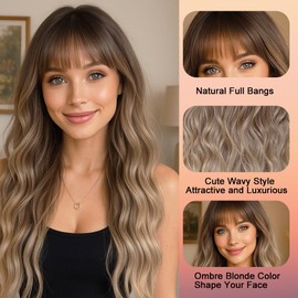 Long Blonde Wigs with Bangs 26Inch Wavy Curly Hair for Women Tangle Free Soft Natural Looking Premium Heat Resistant Protein Fiber Daily Party Use