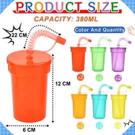 ALINK Pack of 12 Children's Party Cups, Plastic Cups, Drinking Cup Set with Lid Straw, Iced Coffee, Cold Drinking, Smoothie Juice (380 ml)