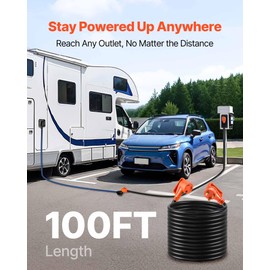 VEVOR 100 FT RV Extension Cord, 30 Amp, 125V 2500W Heavy Duty STW 10/3 Gauge Wire, NEMA TT-30P Male NEMA TT-30R Female Plug, with LED Power Indicator, Handle, 15A Adapter, for RV Trailer, ETL Listed