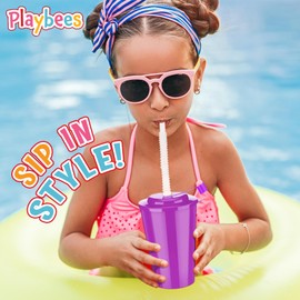 Playbees Neon Sipper Cups - 6 Oz. - Colorful, Spill-Proof Cups with Lids and Straws - Ideal for School Events, Themed Parties, and Birthday Celebrations - Party Supplies | 12 Pack