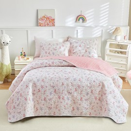 Joyreap 2pcs Cotton Quilt Set for Girls, Twin Size Pink Flowers Floral Design, Cozy Lightweight Quilt Bedspread Bed Cover for All Season, 1 Quilt and 1 Pillow Sham- 68x86 inches