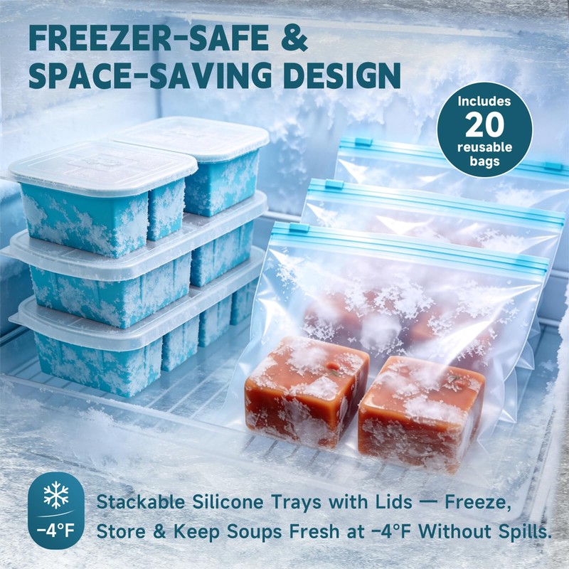 4-Pack Silicone Freezer Trays with Lid & 20 Bags -