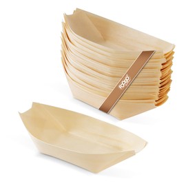 FOOGO Green 100Pcs Disposable Wooden Bamboo Boats, 5"(12.7cm), FSC® Certified, Barbecue Garden Party, Salad Bowls, Eco-Friendly Biodegradable, Wedding Party Bowls, Like Palm Leaf Bowls, Paper Bowls