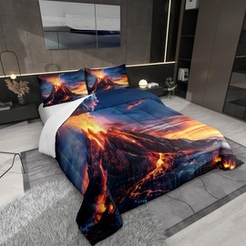 Manfei Volcano Queen Size Comforter Set 3 Pcs,Natural Disaster Volcano Eruption Flame Down Alternative Bedroom Decor,Watercolor Nature Sunset Sky Paint Ultra Soft Microfiber Inner Fill Comforter