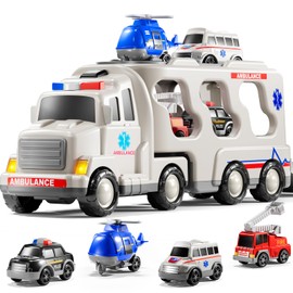 KIZONLY Ambulance Truck Toys Set for Kids Toddlers 1-3 3-5 Years Old, Carrier Truck Playset with Toy Cars, Light and Sound, City Learning Toys for Toddlers, Birthday Gifts for Boys Girls Aged 2-4 4-8