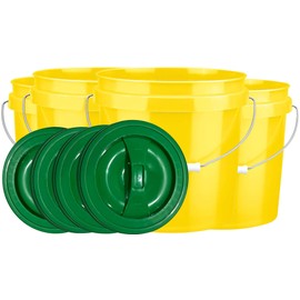 House Naturals 2 Gallon Food Grade, BPA Free, Made in USA Bucket with Screw On Lid (Pack of 4) (Yellow- Green Lids)
