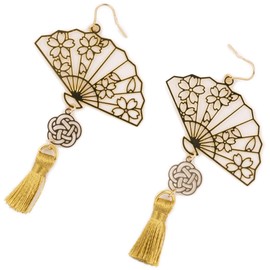 Long earrings with gorgeous cherry blossom-patterned fan, tassels, surgical nickel-free 2.5 inches (64 mm), Japanese design, distinctive Japanese design, accessories with presence, retro modern