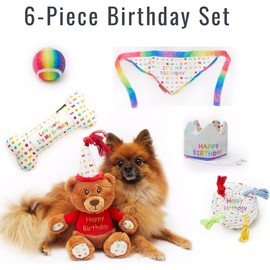 Dog Happy Birthday 6-Piece Set, Perfect Dogs Happy Bday Celebration Present, includes Toys, Crown Party Hat and Bandana (Small)