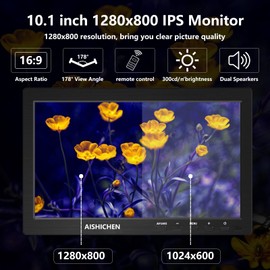 10.1 Inch Small Monitor, Raspberry Pi Monitor Built-in Speakers, Mini Monitor 1280 x 800, HDMI Monitor 60 Hz, 3ms, IPS Screen Display w/Remote Control, HDMI VGA AV BNC Input (10.1 inch- 1280x800P)