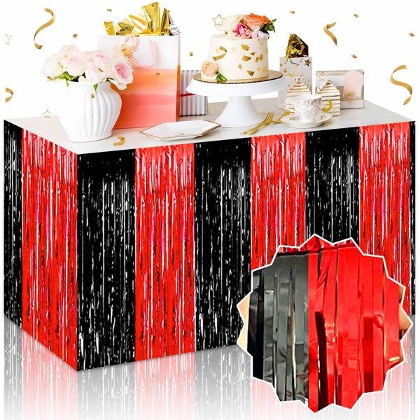 3 Pack Black and Red Tinsel Table Skirts