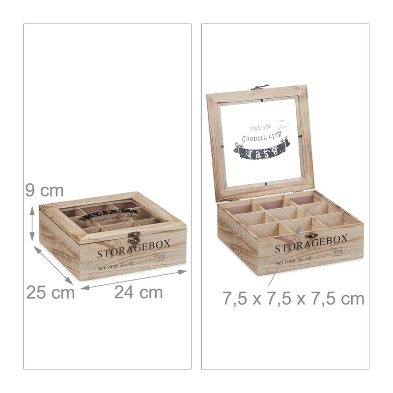 Relaxdays Tea Box, 9 Compartments, Wood, Tea Box with Viewing