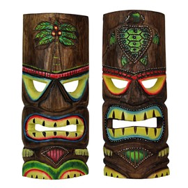 Things2Die4 12 Inch Wood Hand Carved Tiki Mask Wall Art Palm Tree and Turtle Tropical Beach Home Decor Set of 2