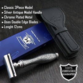 Vintage Silver Antique Inspired Shaving Razor & Leather Case > Wet Shave For Men Gent | Grooming Gift