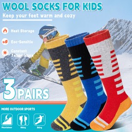 Velice Kids Merino Wool Ski Socks 3 Pairs Boys Girls Thermal Thick Warm Winter Cozy Boot Socks for Skiing Snowboarding(Red/Blue/Yellow, 4-7 Years)