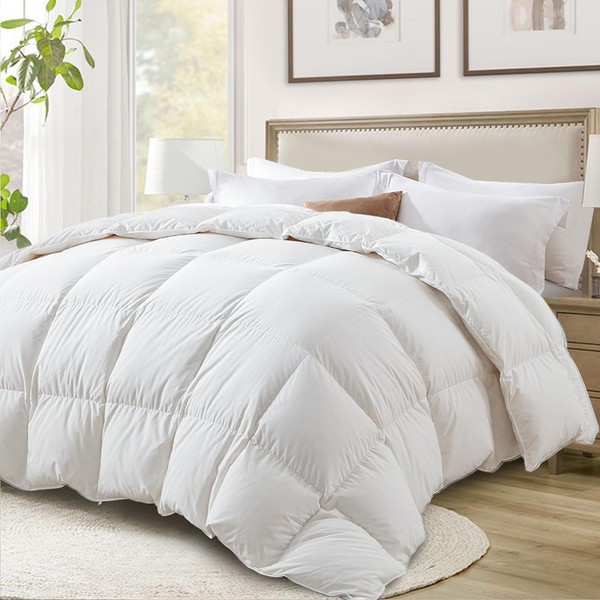 Globon Ultra-Soft Down Feather Comforter King Size,Luxurious Hotel Collection Fluffy Duvet Insert for All Season,Noiseless Shell, 700 Filling Power,Medium Weight with Corner Tabs, White…