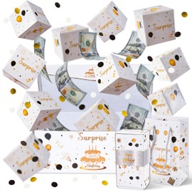 WATINC Surprise Gift Box Explosion - 16pcs Birthday Surprising Gift Boxes Exploding for Money, 12 Bounces Money Boxes Explosion with Confetti, White Gold Pop Out Cash Holder for Bday Party Supplies
