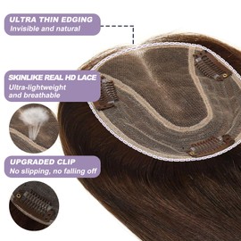 Topunique Hair Toppers for Women Real Human Hair, 4.5x5 Inch Swiss Lace Base No Bangs Top 12 Inch Length #4 Medium Brown
