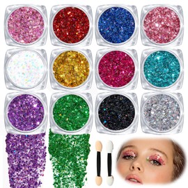 Benaewa 12 Pcs Face Glitter Festival, Colourful Chunky Hair Glitter, Body Paint Glitter Gel for Eye Nail DIY