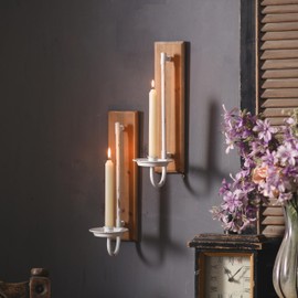 SOFE Metal White Candle Sconces Wall Decor Set of 2, 13" Tall Shabby Chic Design Wall Candle Holder with Wood Board, Rustic Candle Wall Sconce for Taper Candle, Wall Mounted Candlestick Holder