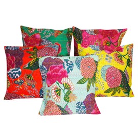 Indian Handmade Cotton Kantha Fruit Print Cushion Cover Throw Pillow Cases Decorative Pillows Cover Bohemian 16x16 Inches- Assorted 5 PC