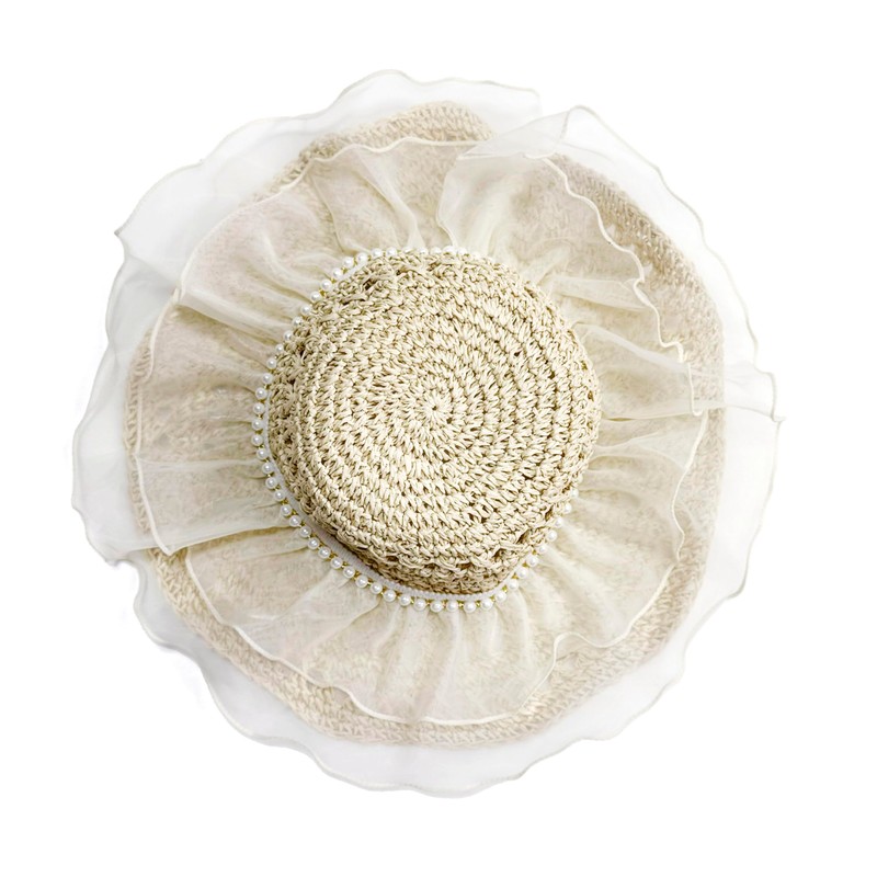 [NAMEOF] オーガンジーフリル 帽子 レディース 麦わら帽子 ハット ストローハット レディース UVカット 日除け帽子