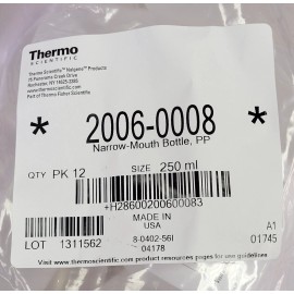 THERMO SCIENTIFIC NALGENE 2006-0008 NARROW-MOUTH PP BOTTLE, 250 ML | PACK OF 12