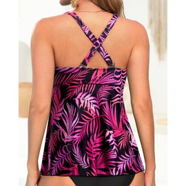Tempt Me Women Tankini Top Only Flowy Swim Tops V Neck Bathing Suit Top, Pink Leaves, X-Large