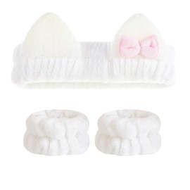 Cute Spa Headband and Wristband Set for Women Kawaii Ear White Makeup Headband for Washing Face (3PCS, White)