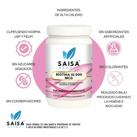 Biotina 10,000 mcg + Colágeno + Ácido Hialurónico + Magnesio | 500 Cápsulas | Cabello, Piel y Uñas | Saisa Herbal Premium