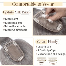 Rich Choices 100% Real Human Hair Topper with Bangs - Real Remy Hair Topper for Women Thinning on Top, 5.1x2.7 Inch Clip In Silk Base Hair Piece 6 Inch G1 Silve