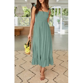 ZESICA Women's 2024 Summer Boho Spaghetti Strap Square Neck Solid Color Ruffle A Line Beach Long Maxi Dress,Green,Small